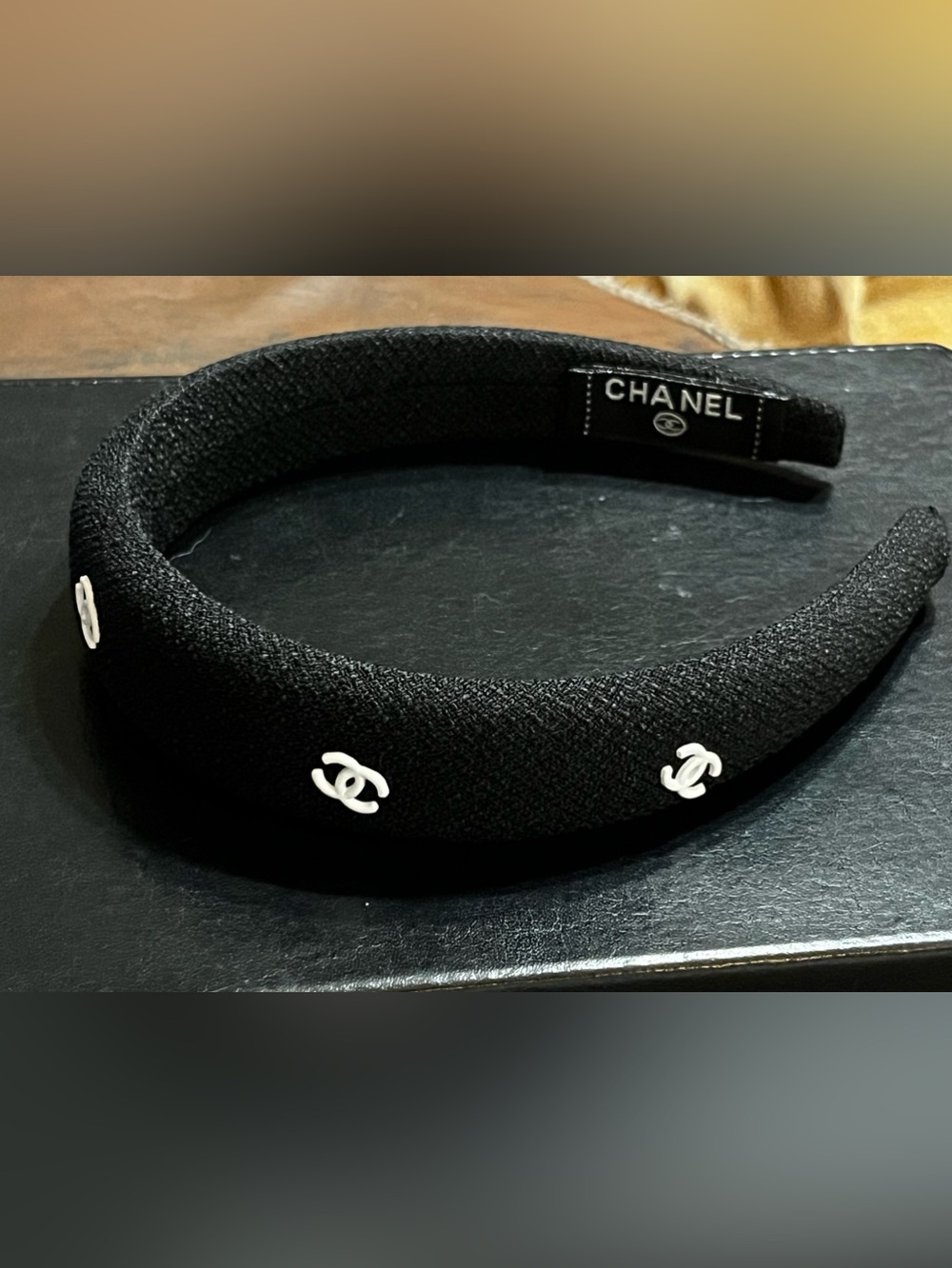 Fashion Hair Headband Letter C BlackTweed with White All Over Logos